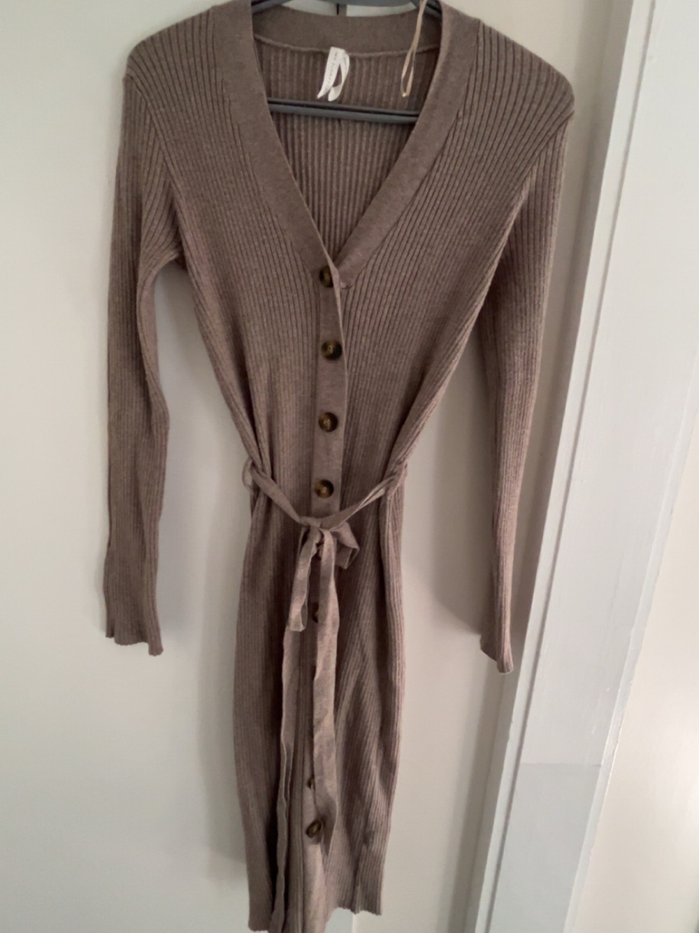 Ribbed Button-Front Long Sleeve Midi Dress with Tie Waist - Taupe